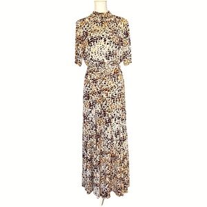 CALVIN KLEIN Maxi Dress Short Sleeve High Neck Tan/Maroon Leopard Print sz L